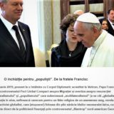 Papa Francisc și Klaus Iohannis traducând împreună mesaje primite de la zeii din Bruxelles