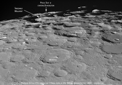 Polul Sud al Lunii în seara de 24 aprilie 2021. Imagine prin telescop de 0.5 m în diametru